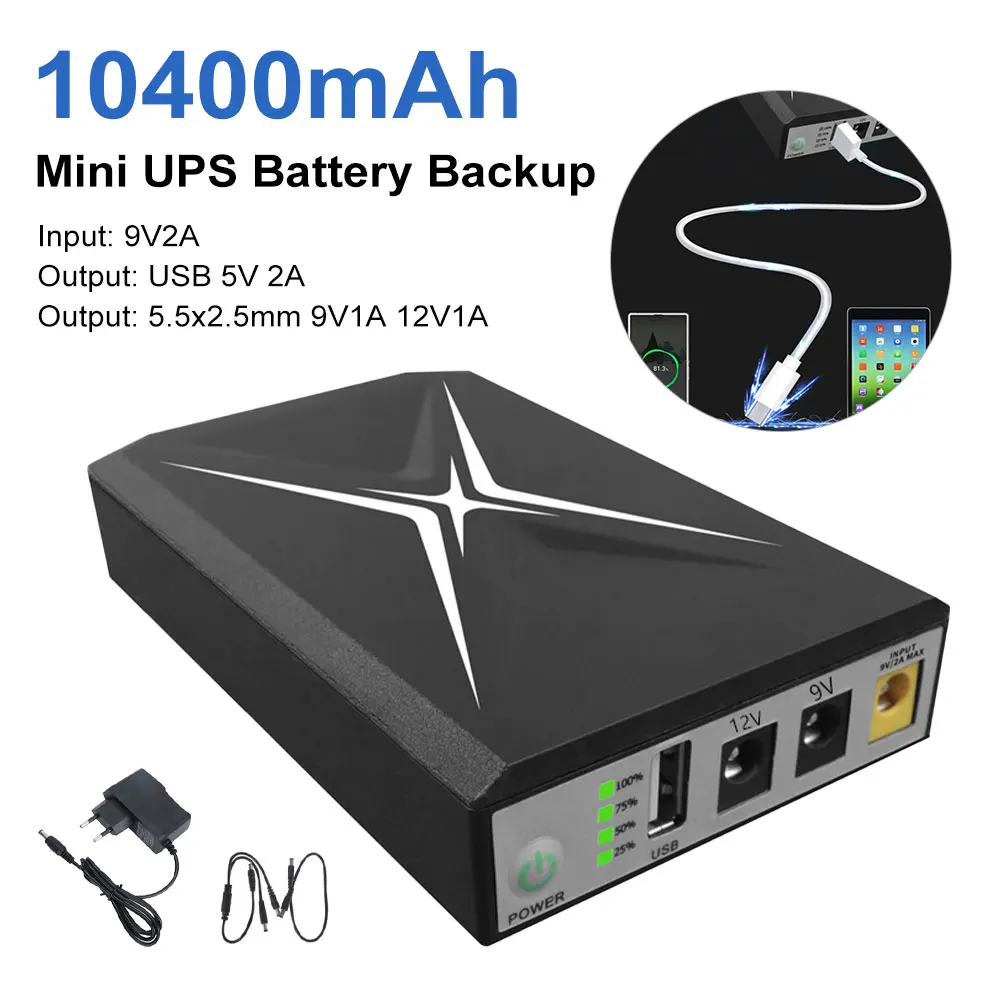 

10400mAh Mini UPS Battery Backup USB 5V2A 5.5x2.5mm 9V1A 12V1A Portable Uninterruptible Power Supply Unit for Router