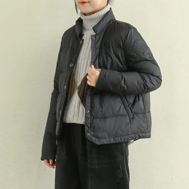 Fashion Autumn and Winter Down Jacket Women's Solid Color Stand-up Collar Single-breasted Short Lightweight Chic Casual Jacket