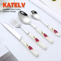 ceramic tableware stainless steel cutlery ceramic handle steak knife fork spoon cake dessert dinnerware rose flowers pattern