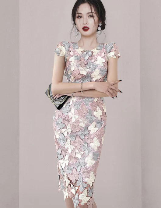 

2023 Летние Элегантные шикарные кружевные платья, женское корейское Ретро модное разноцветное офисное Повседневное платье