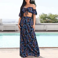 sexy beach dress elegant bohemian skirt suits two piece sets off shoulder blouse and print long skirts lady clothes femmal sets