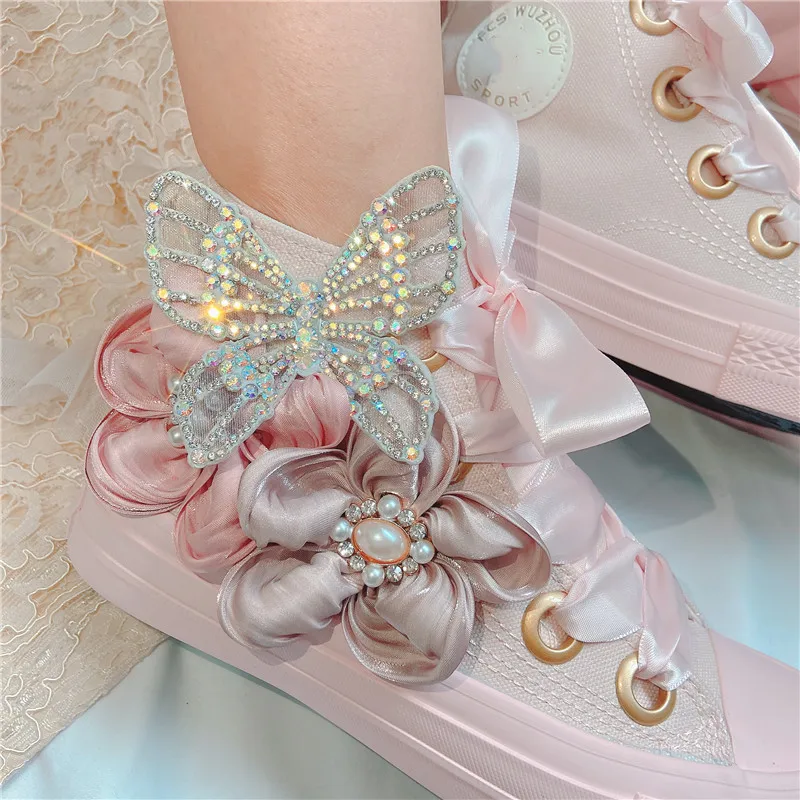 Spring New Women Canvas Shoes Fashion Handmade Girl Purple Vulcanized Sneakers 3D Butterfly Flower Casual High Low Flat Shoes