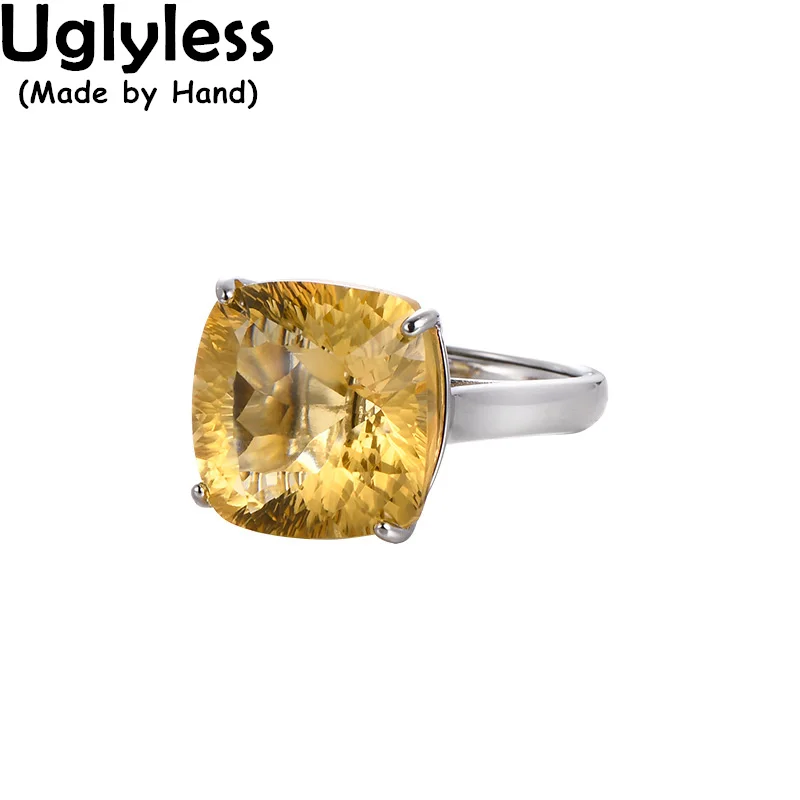 

Uglyless High Setting Cube Amethyst Citrine Rings Women Minimalism Square Natural Purple Yellow Quartz Ring 925 Silver Jewelry