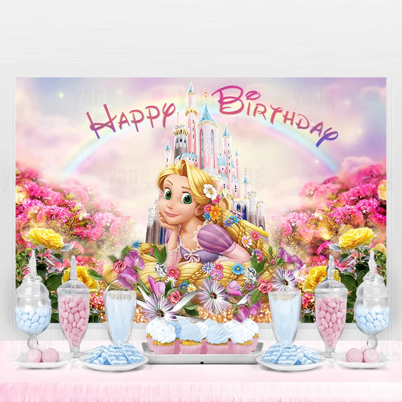 

Disney Cute Tangled Rapunzel Princess Dreamy Castle Background Girls Happy Birthday Party Backdrop Decoration Photography Banner