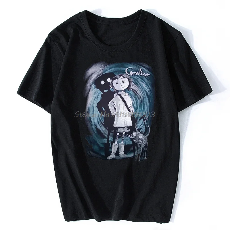 

Trend Coraline T Shirt Tim Burton Neil Gaiman Nightmare Before Christmas Goth Dark Men T -Shirts Summer Style Fashion Swag Tees