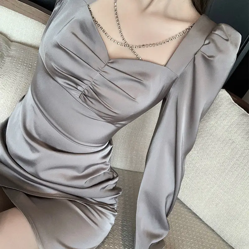 New Women Fashion Dress Spring Solid Color Shirring Dresses Korean Square Collar Casual Long Tops Sexy Zipper Fly Dress T567