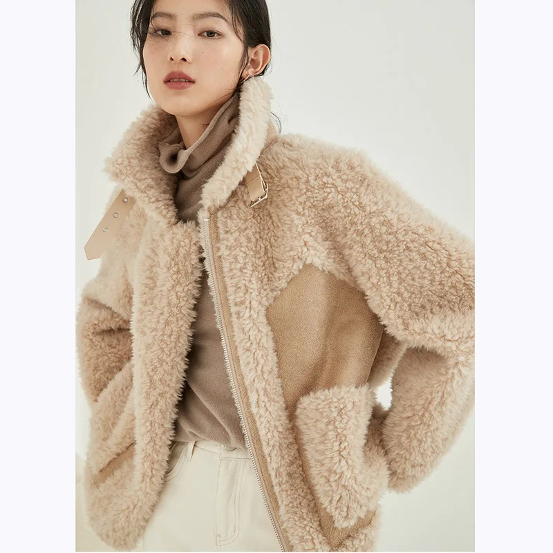 Enlarge 2023 New Solid Color Sheep Shearling Fur Short Coats Female Lady Women Composite Fur Wool Jackets Lambswool Warm Outwear Winter