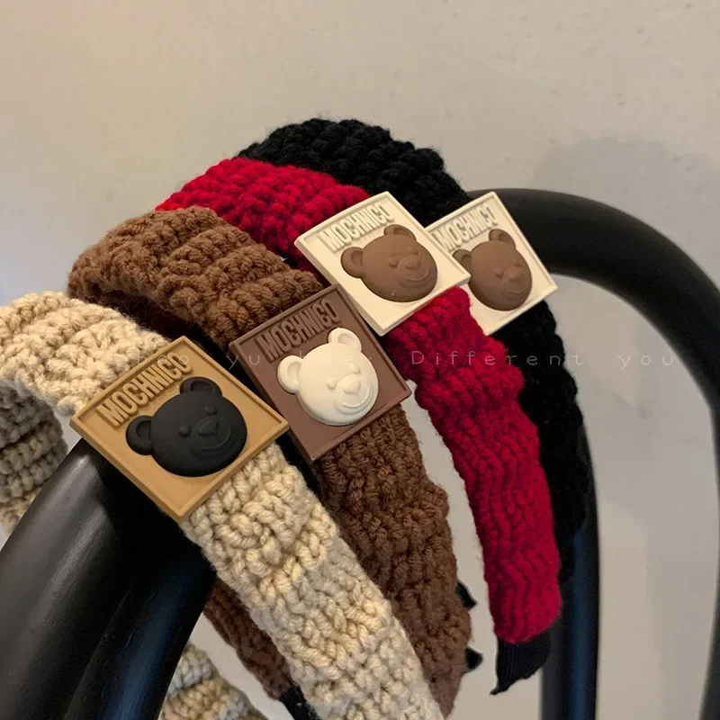 

Осенне-зимние вязаные шерстяные обручи для волос с маленьким медведем для женщин простой обруч для волос повязки на голову аксессуары для волос головной убор