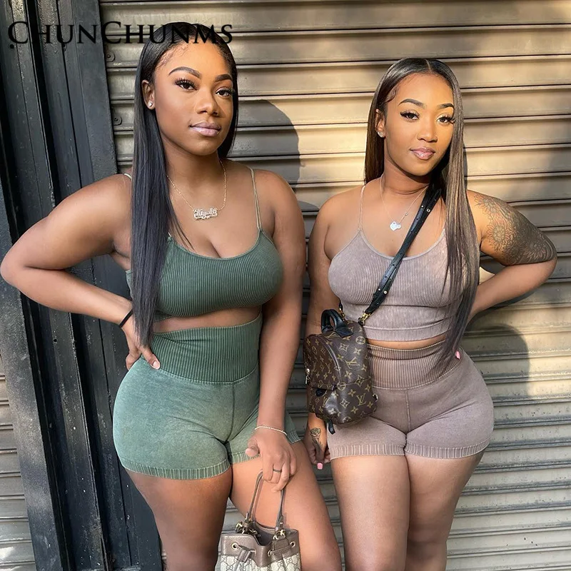 

2022 Summer Low Chest Tank Top Shorts 2 Piece Women Set Sport Fitness Outfits Vest Tights High Waist Biker Sweatpant Matching