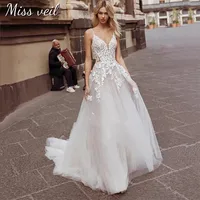 Miss veil Spaghetti Straps Wedding Dress Tulle Lace Appliques Bohemian A-Line Bridal Gown Sleeveless Court Train Robe De Soiee