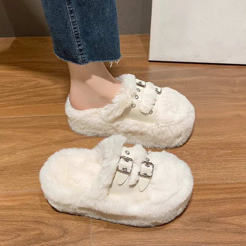 

Velvet Shoes Closed Toe Sandals 2022 Women's Fur Heels Buckle Suede Fashion Outside New Flat Clogs Girls Short Plush Basic Slipp