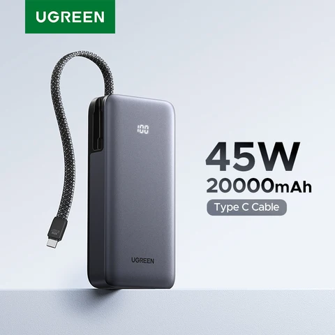 UGREEN 45 Вт 20000 мАч Встроенный кабель типа C Power Bank для Samsung S25 Ultra PPS Быстрая зарядка аккумулятора Внешнее зарядное устройство