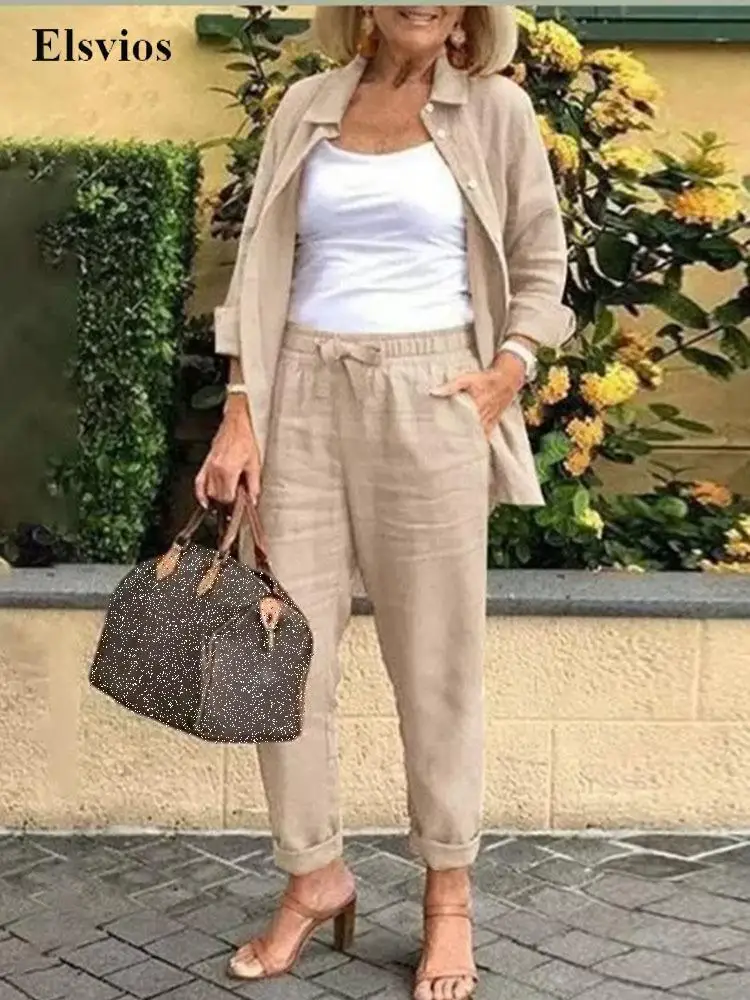 

Fashion Linen Cotton Set Women Lapel Button Cardigan Shirt And Lace-up Cargo Pants Outfits Casual Loose Summer Office Lady Suits