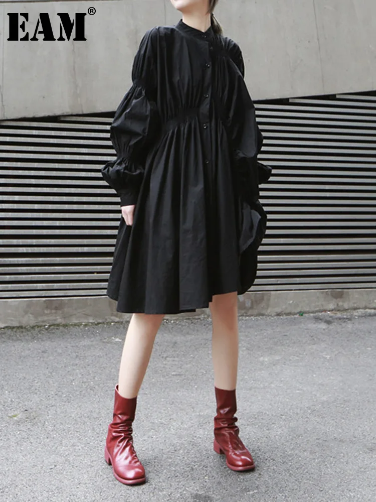 

[EAM] Women Black Pleated Big Size Irregular Shirt Dress New Lapel Long Sleeve Loose Fit Fashion Tide Spring Autumn 2023 1DF4807