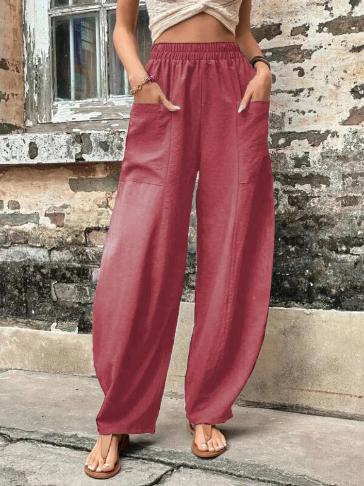 Women's Long Pants Casual Fashion Spring Summer Solid Color Pocket Capris Elastic Waist Oversized Loose Trousers Female