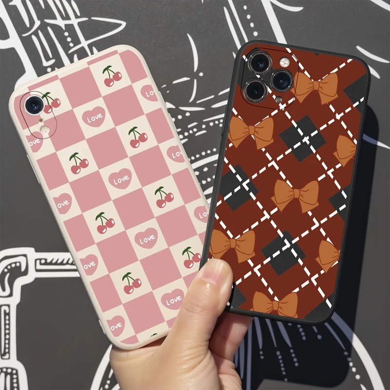 

Luxury brown bow plaid Phone Case For iPhone 13 12 Pro Max X XR 11 Pro XS Max 7 8 6s 6 Plus SE2 Case Soft Silicone Cover