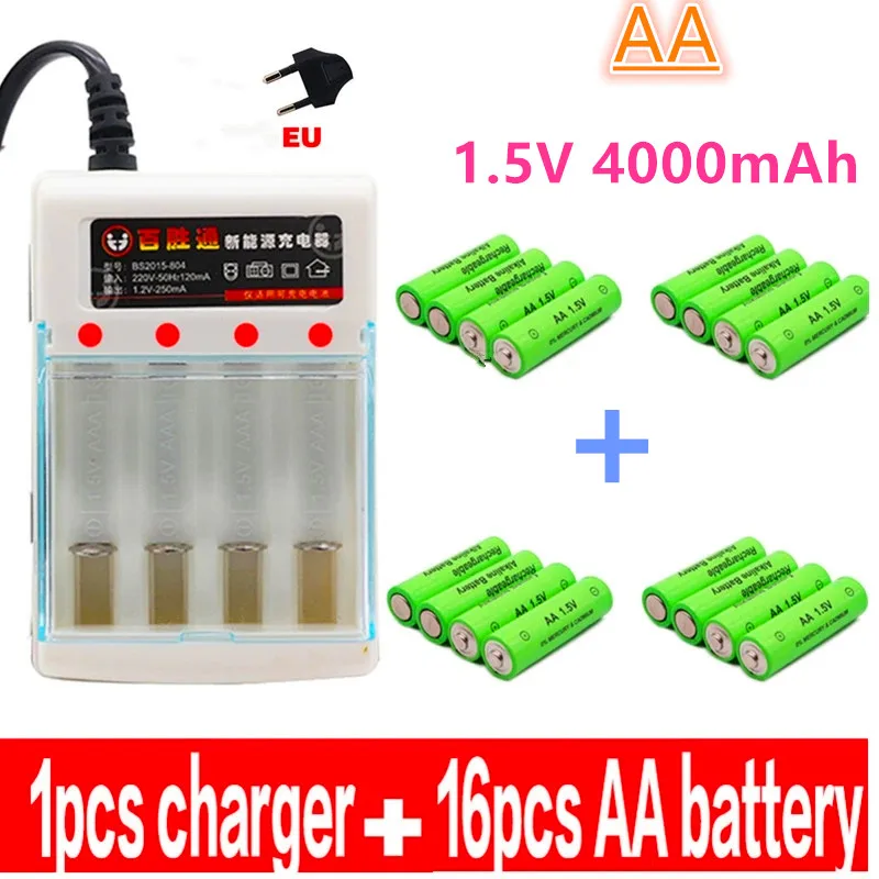 

100% New AA battery 4000mAh rechargeable battery AA 1.5V Rechargeable New Alcalinas drummey +1pcs 4-cell battery charger