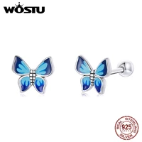 wostu 2021 925 sterling silver animals insect cute elegant blue butterfly stud earrings for women fashion party jewelry cqe1285