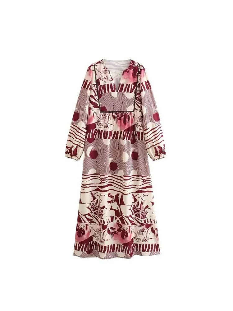 

Women summer New Chic Fashion Loose V Neck Dot printed Midi Dress Vintage Long Sleeve Female Dresses Vestidos Mujer