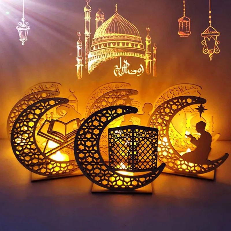 

Moon Castle LED Candle Light EID Mubarak Wooden Ornaments Muslim Ramadan Party Table Decor Gurbang Ramadan Decoration for Home