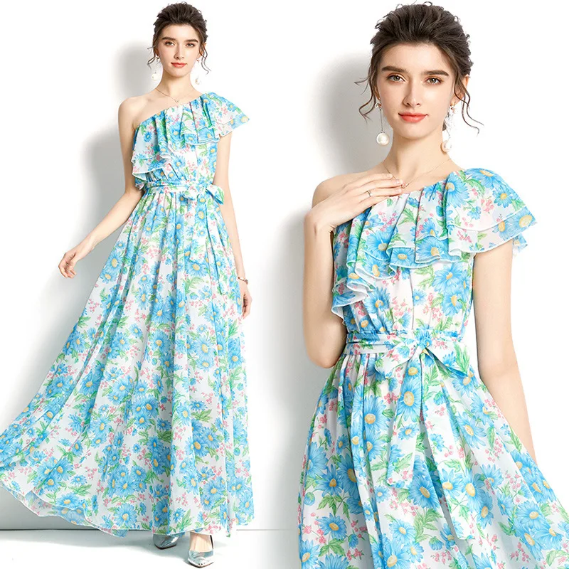 

Beach Vacation One Shoulder Lotus Leaf Edge Printing For A Large Waist And Slim Dress Summer Maxi Dresses For Women