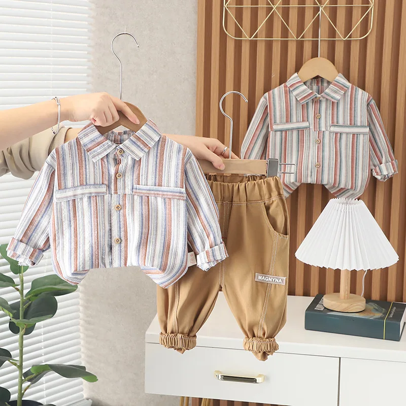 

2023 Korean Spring Autumn Children Boy 2PCS Clothes Set Striped Long Sleeve Shirt Casual Pants Suit Toddler Baby Boy Outfit