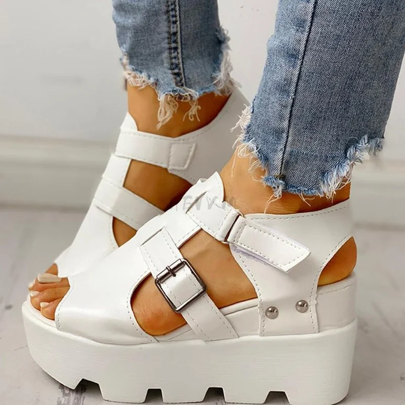 

Summer Sandals Women Wedges Heel Black White Casual Designer Shoes Footwear Buckle Strap Open Toe Platform Sandel Women Shoes