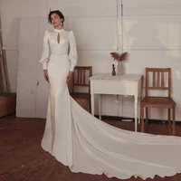 elegant ivory satin wedding dresses for women long sleeve button mermaid backelss with sweep train simple bride dresses 2022