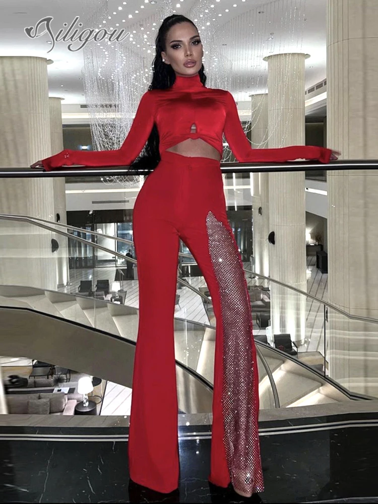 

Ailigou 2022 Summer New Women's Designer Fashion Sexy Black Red White Crystal Diamond Hollow Flared Bandage Pants Skinny Pants