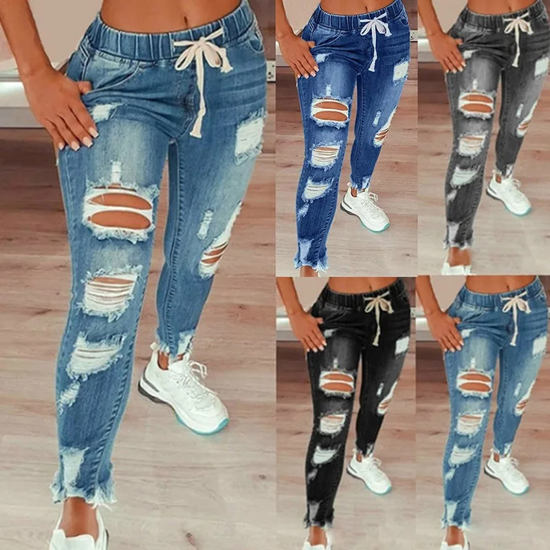 

Women's Fashion Jeans Ripped Skinny New Sexy Hip Slim Jean Mom Spandex Denim Clothing Jeans Female Overalls Elastic Band Pants