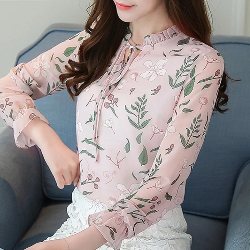 Женская шифоновая блуза с цветочным принтом V-образным вырезом и длинным рукавом