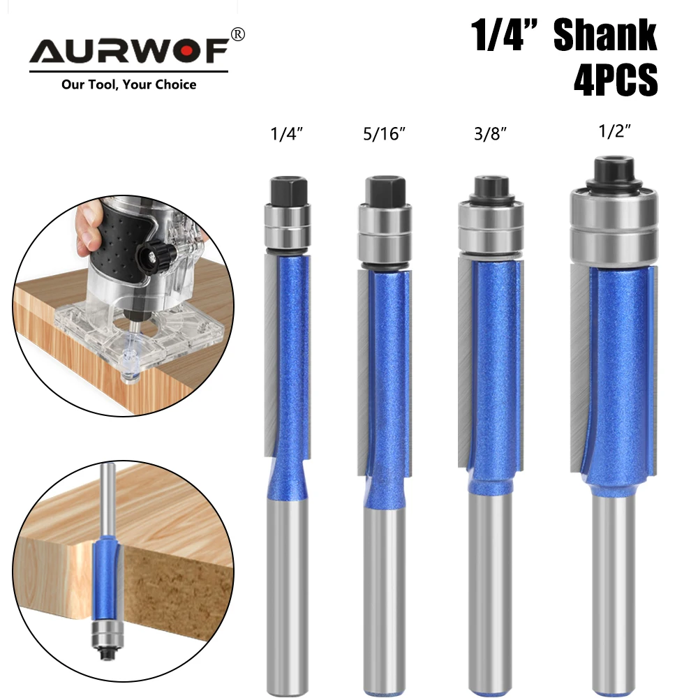 AURWOF  6MM 6.35MM Shank Double Bearing Flush Trim Bit Router Bit Woodworking Milling Cutter For Wood Bit Face Mill