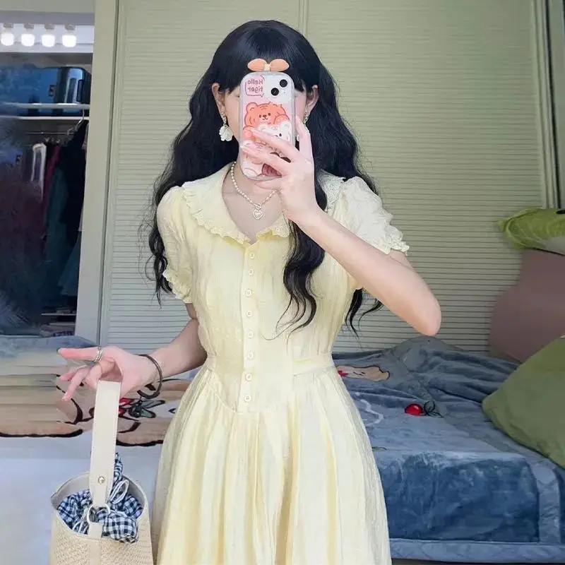 

Yellow Mori Ruffle Fairy Type Midi Dress Summer Women High Waist Korean Japanese Mixi Puff Sleeve Princess Long Dresses 2023 New