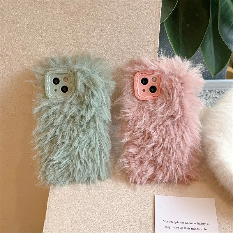 

Cute Winter Keep Warm Bearded Plush Girl Phone Cover Case For Iphone 14 13 12 11 Pro Max With Folding Support Soft Coque Fundas