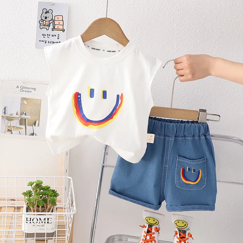 

Infant top and bottom set Boys round neck smiley face printed undershirt denim cotton comfort shorts 2PCS