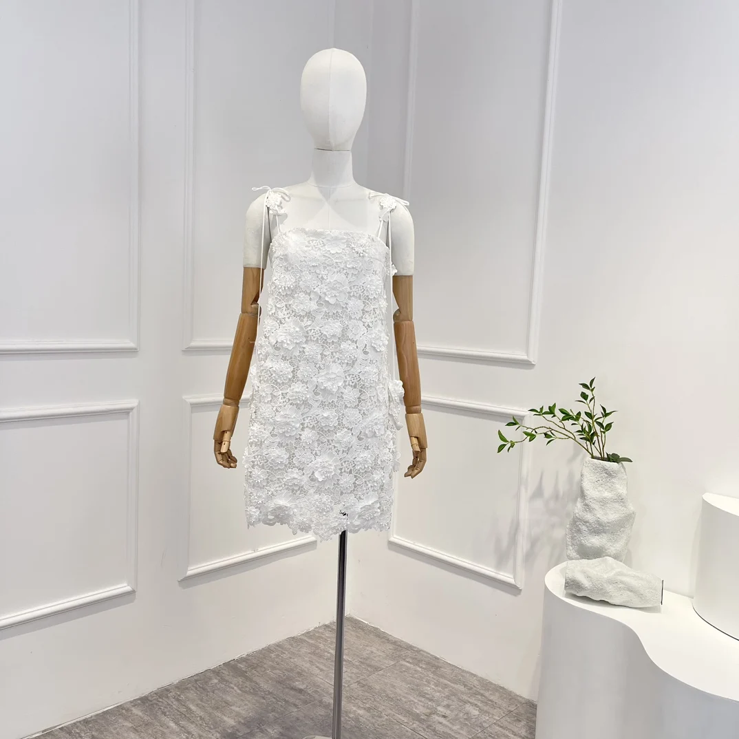 

Женское кружевное мини-платье, однотонное белое платье с цветочным узором и крючком, весна-лето 2023