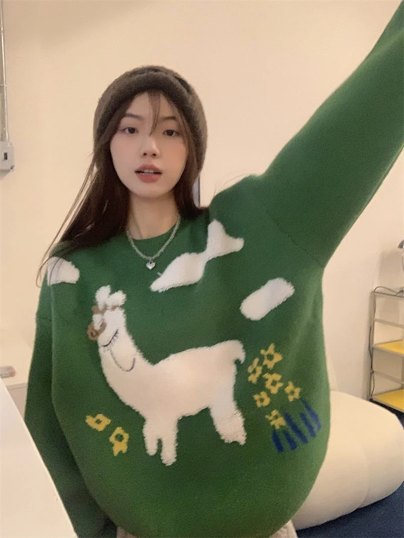 

Flocking Sheer Cartoon Pattern Oversize Sweater Green Blue Spring Casual Women Jumper