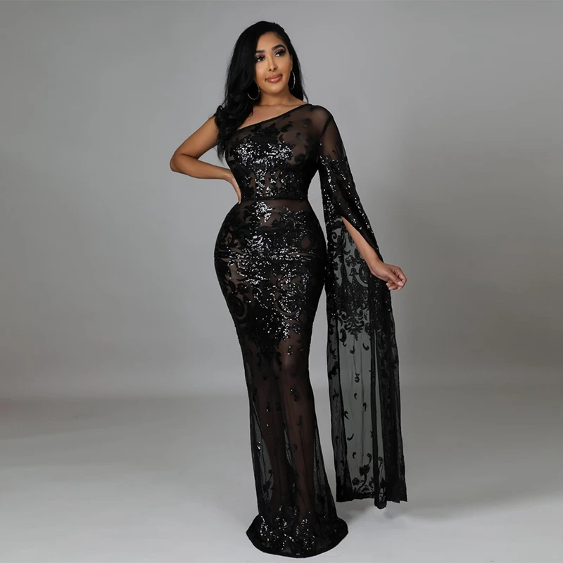 Sparkly Sequin Evening Sexy Dresses Women Long Sleeve One Shoulder Sheer Mesh Maxi Bodycon Dress Wedding Night Club Party Dress