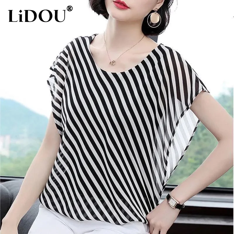 

2023 Summer New Round Neck Batwing Sleeve Chiffon Shirt Women Fashion Striped Contrast Color Pullovers Ladies Loose Elegant Tees