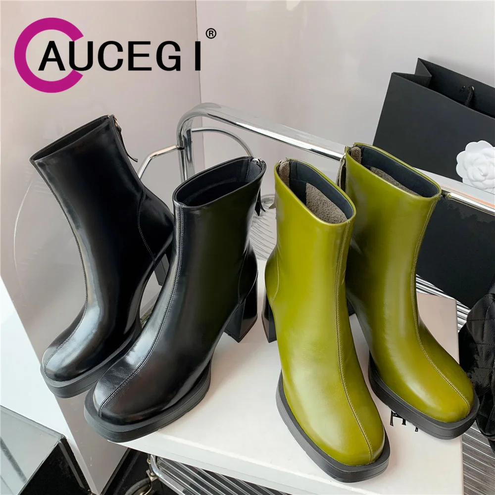 

Aucegi 2023 New Women Thick Bottom Round Toe Genuine Leather Ankle Boots Black Green All-Match Zipper Platform Concise Shoes