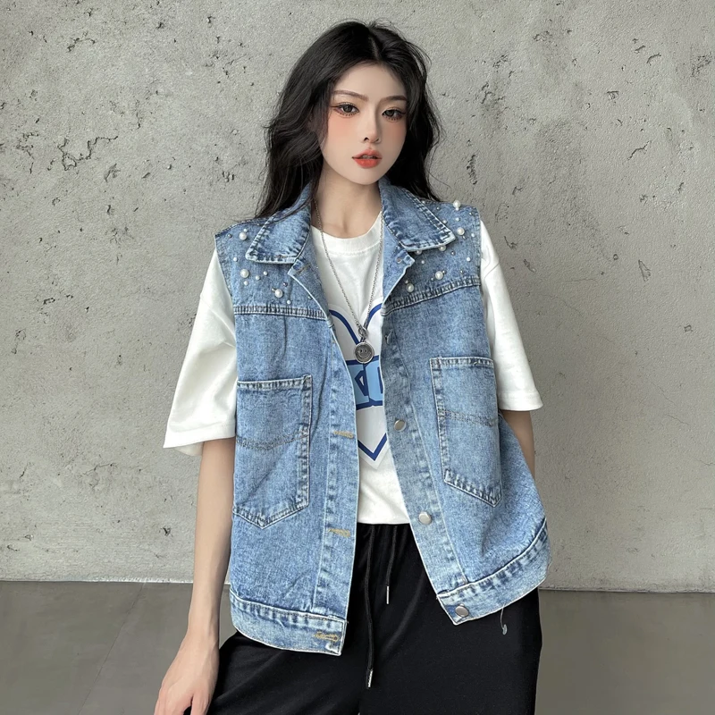 Big Pockets Lapel Jean Vests Ladies 