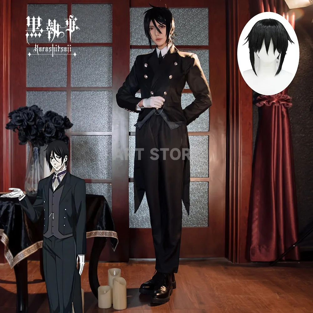 

Anime Kuroshitsuji Sebastian Michaelis Cosplay Black Butler Cosplay Japanese Costume Unisex Uniforms 8 piece with Tattoo Sticker