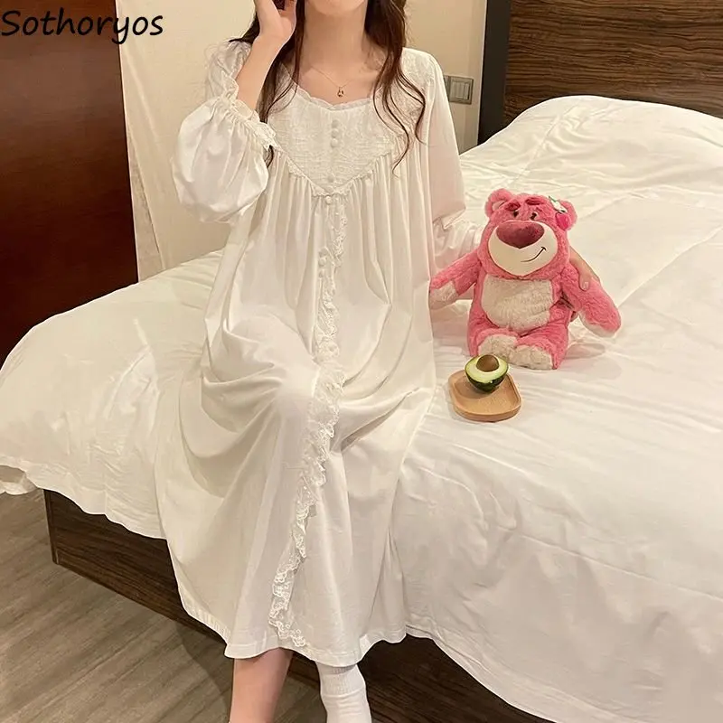 

Soft Mid-calf Version Fashion Korean Autumn Homewear Long Sleepwear Solid Tender Comfortable Chic Simple Sleeve Nightgowns Women