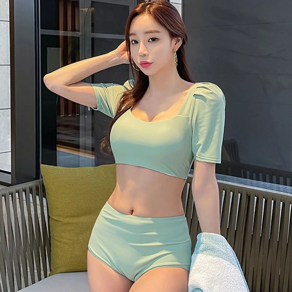 

High Waist Bikini Women Solid Swimsuit Short Sleeve Bathing Suit Push Up Biquini Crop Top Swimwear Belt Jersey Pad