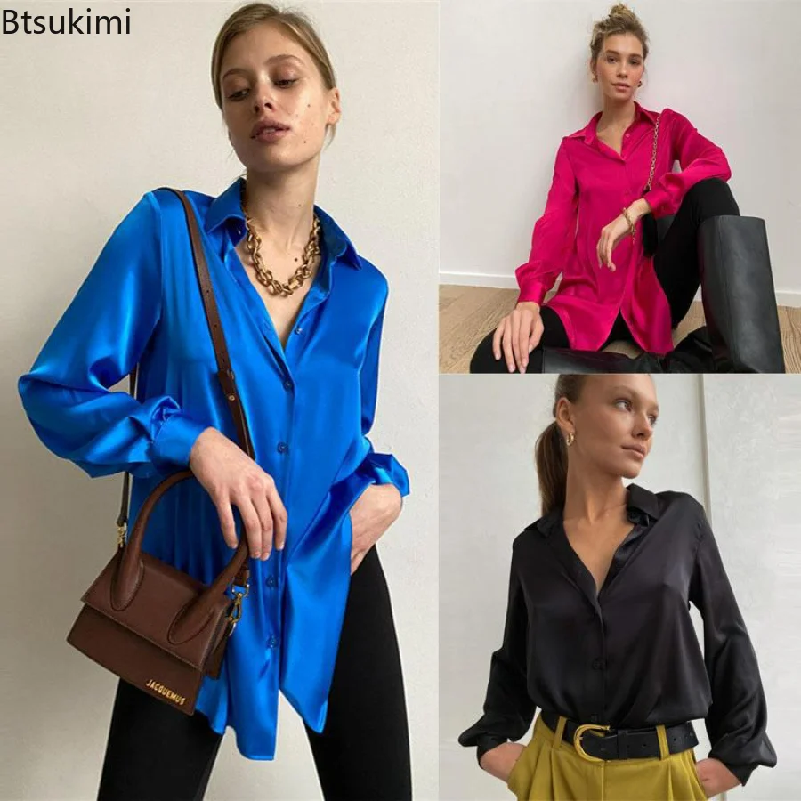 

2023 Women Elegant Satin Shirts Fashion Spring Autumn Long Sleeve Tops Blouses Vintage Shirt Casual Buttons Female Clothing Tops