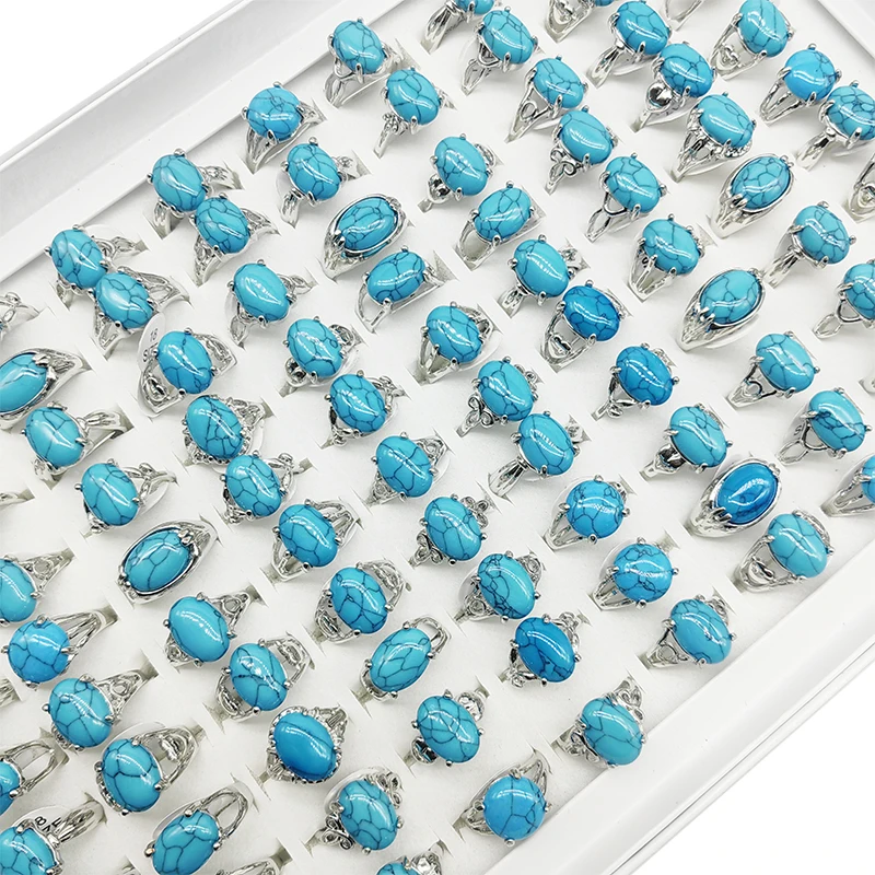 

20/50pcs/Lot Wholesale Bohemia Blue Stone Finger Rings for Women Hot Alloy Weight Silver Color Jewelry Lady Party Decorate Gifts