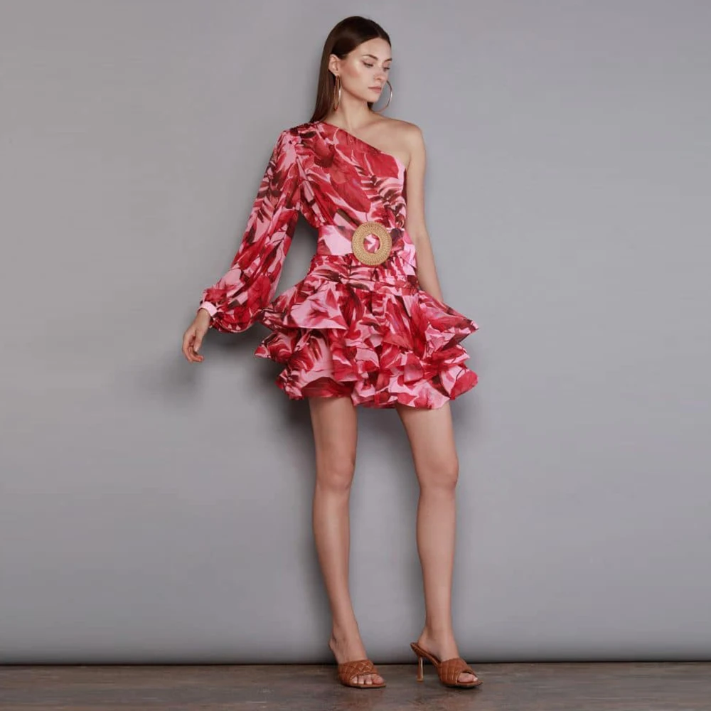 

Women's Floral Sexy Oblique Shoulder Long Sleeve Mini Dress Waist Slim Printing Diagonal Collar A-Line Dress Party Prom Club