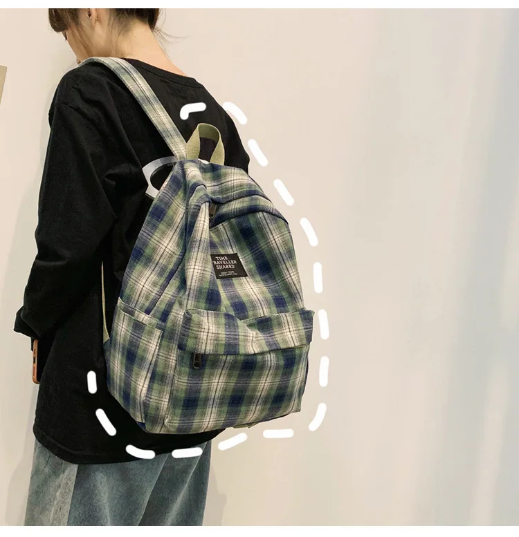 Canvas Plaid Junior High School Student School Bag Laptop Backpack Large Zipper Travel Bag Mochila Popular Korean Style