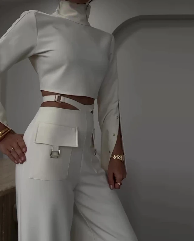 Женский элегантный комплект из двух предметов однотонный красивый укороченный