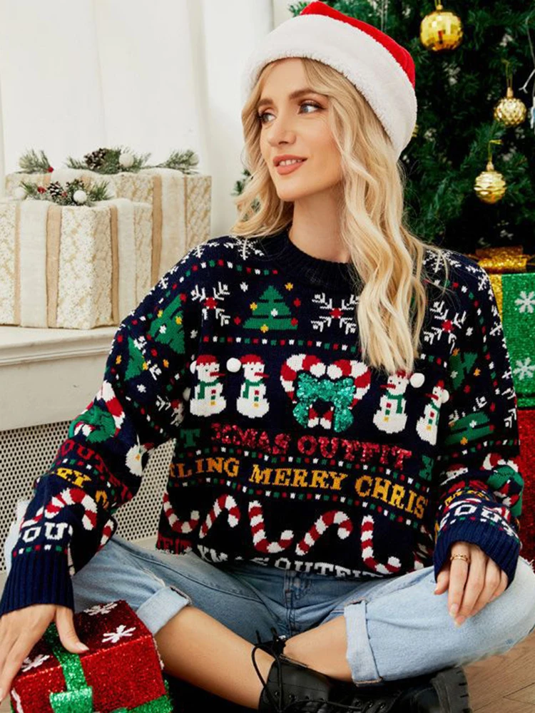 

Loose Knit Autumn And Winter Christmas Tree Crewneck Sweater Snowman Sequins Christmas Sweater